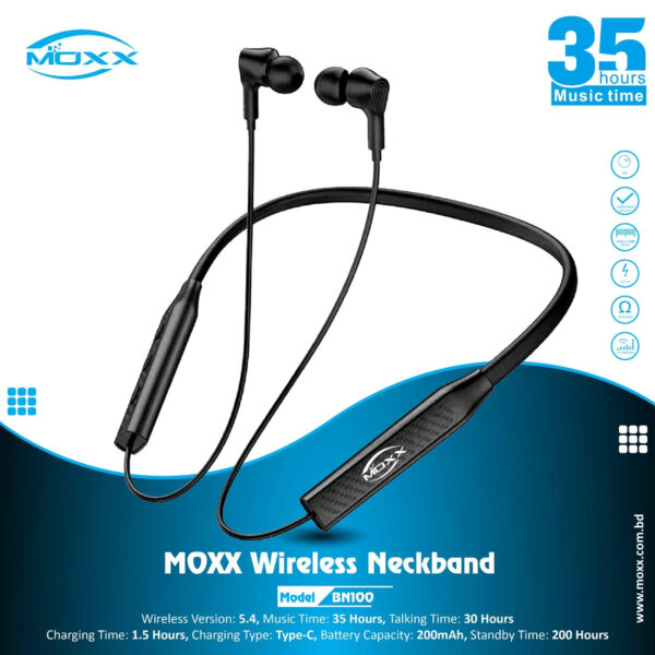 Moxx BN100 Neckband Bluetooth Headset BT5.3 Sports Headset IPX5 with Mic Noise Cancelling, Magnetic Control - Bluetooth neckband - best neckband